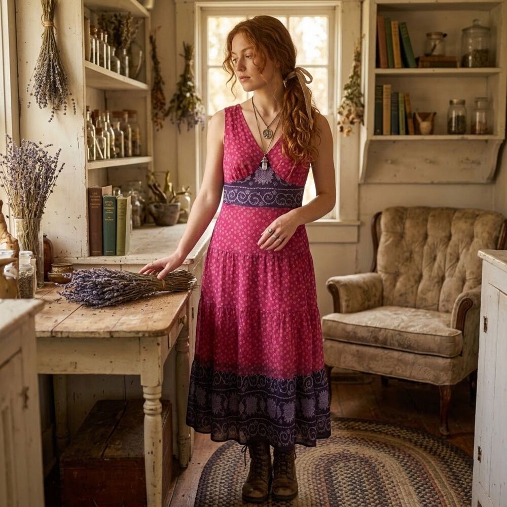 Charter Club 100% Silk Maxi Dress Womens Sz 10 Earthy Boho Tiers Practical Magic